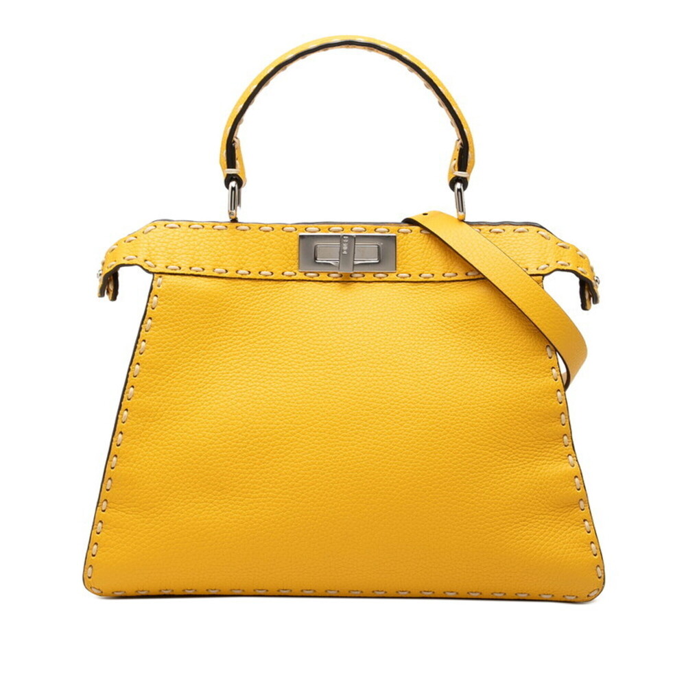 Fendi Peekaboo Selleria I.U Medium Handbag Shoulder Bag 2WAY 8BN321 Yellow Wo...